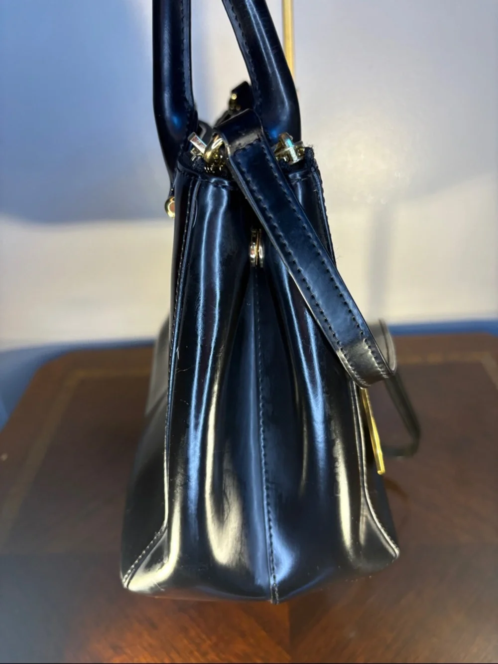 Ralph Lauren Black Patent Leather Tote Bag with Gold Hardware